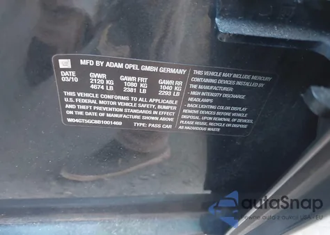 2011 Buick Regal Cxl Russelsheim from USA, damaged, VIN W04GT5GC8B1001469